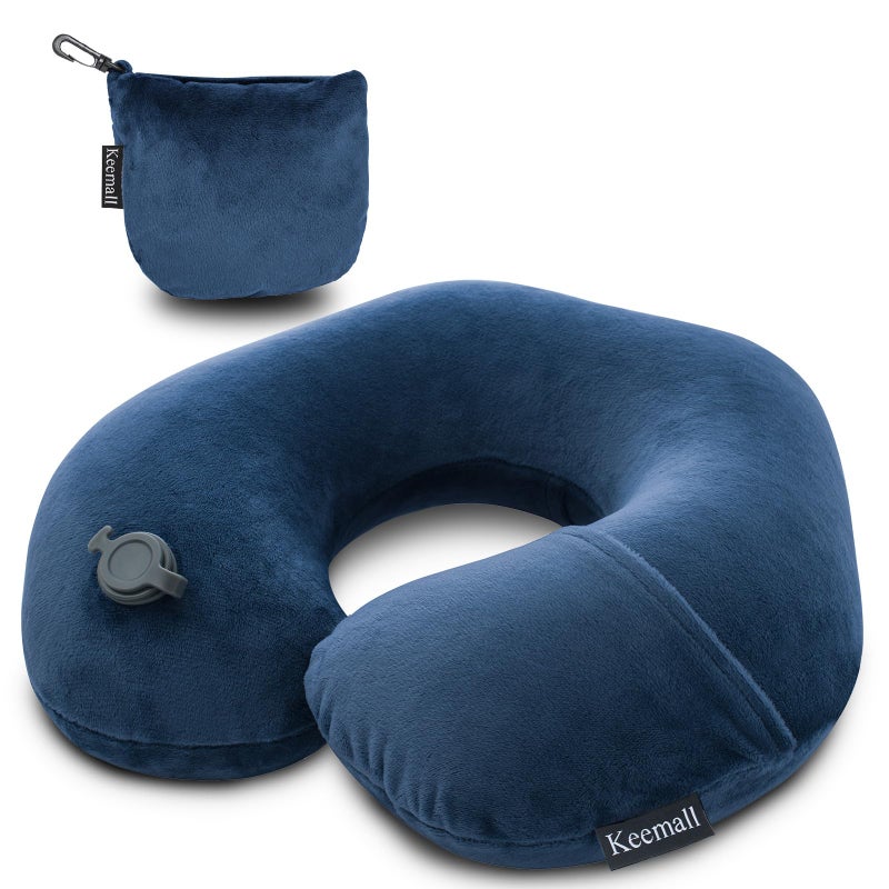 Keemall Travel Neck Pillow for Airplane, Compact Inflatable Neck Pillow for Traveling Long Flights, Adjust Firmness Neck Suport Pillow for Sleeping Plane Head Rest for Travel Accessories,Deep Blue - Image 1